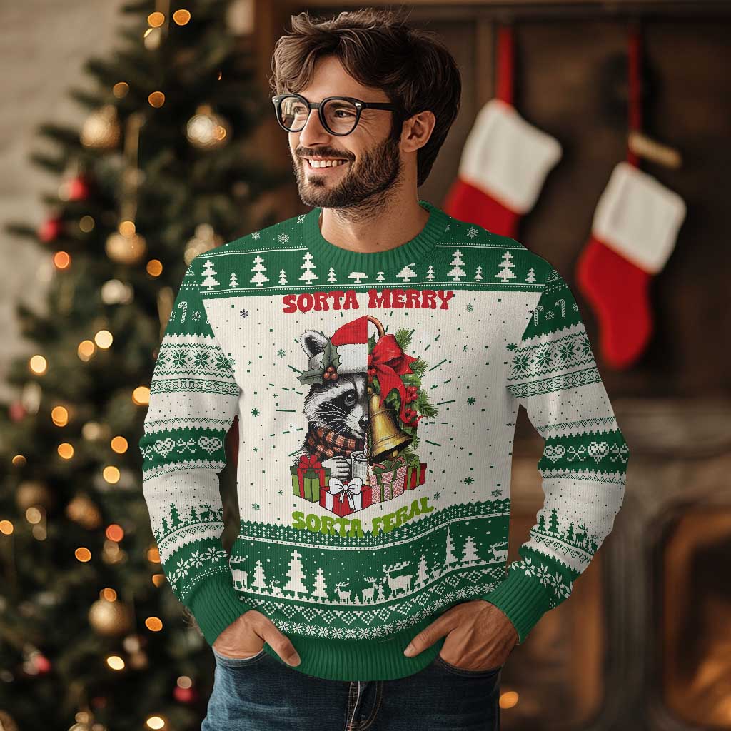 Funny Xmas Racoon Ugly Christmas Sweater Sorta Merry Sorta Feral Xmas Wreath - Wonder Print Shop