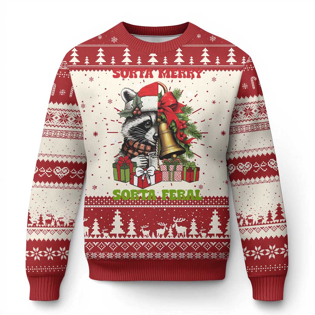 Funny Xmas Racoon Ugly Christmas Sweater Sorta Merry Sorta Feral Xmas Wreath - Wonder Print Shop
