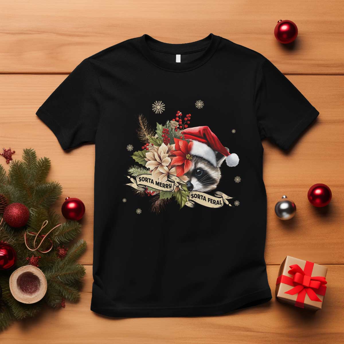 Funny Christmas Racoon T Shirt Sorta Merry Sorta Feral Santa Hat Vintage Flowers - Wonder Print Shop