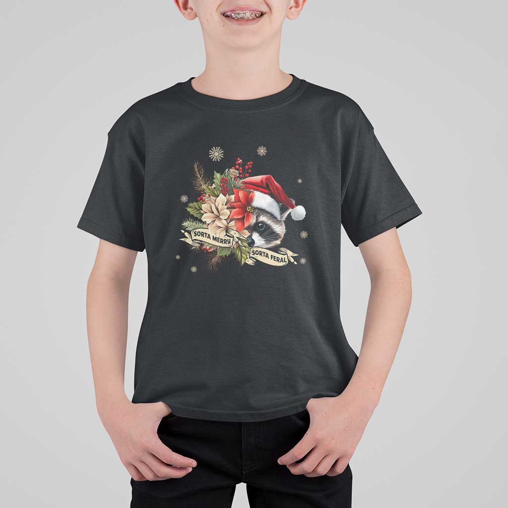 Funny Christmas Racoon T Shirt For Kid Sorta Merry Sorta Feral Santa Hat Vintage Flowers - Wonder Print Shop