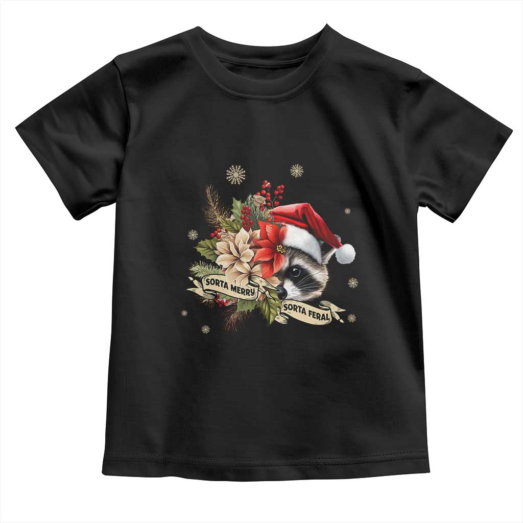Funny Christmas Racoon Toddler T Shirt Sorta Merry Sorta Feral Santa Hat Vintage Flowers