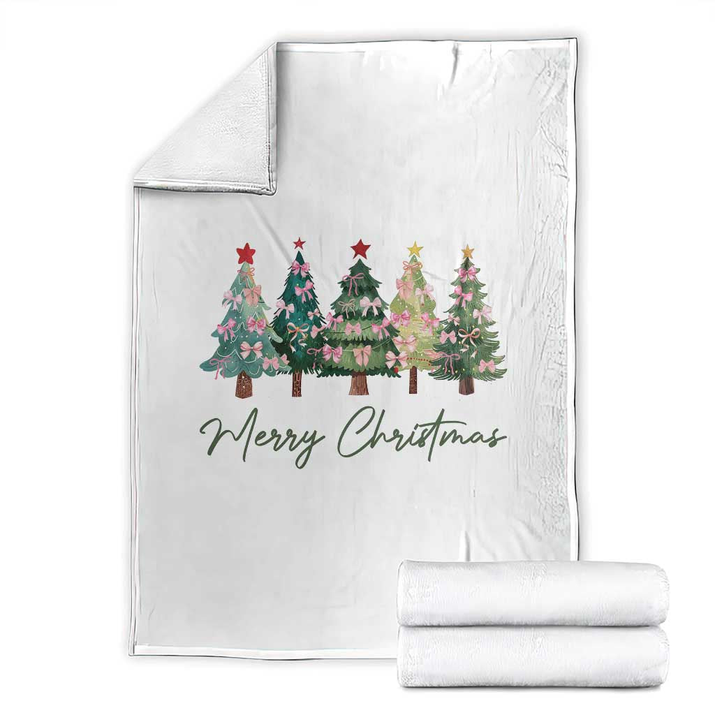 Merry Christmas Coquette Xmas Tree Throw Blanket Cute Pink Bow - Wonder Print Shop