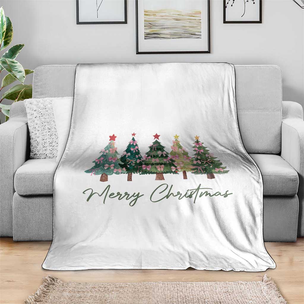 Merry Christmas Coquette Xmas Tree Throw Blanket Cute Pink Bow - Wonder Print Shop