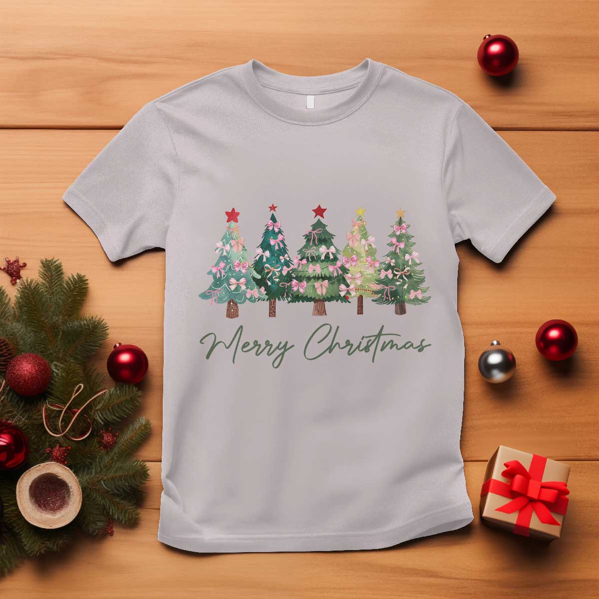 Merry Christmas Coquette Xmas Tree T Shirt Cute Pink Bow - Wonder Print Shop