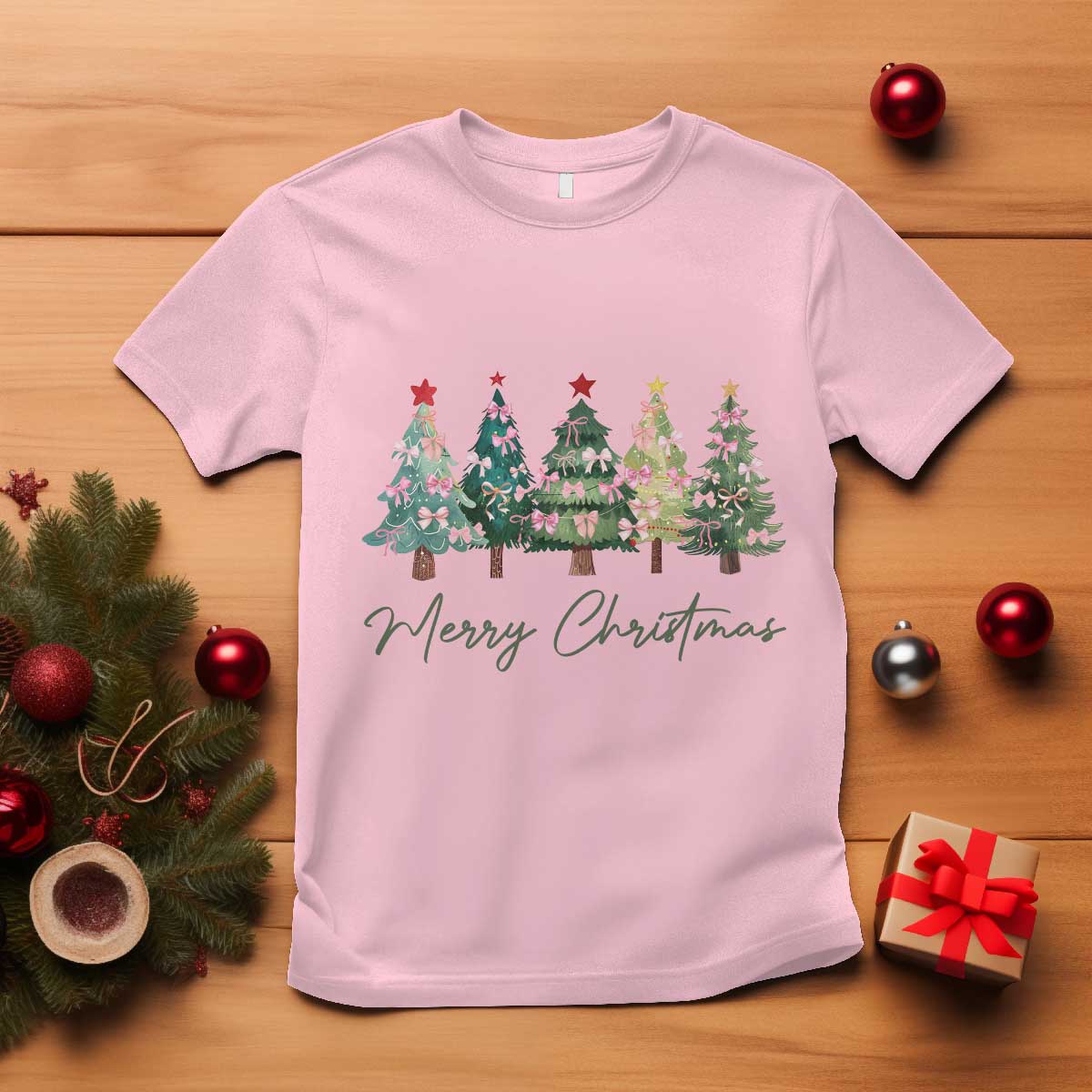 Merry Christmas Coquette Xmas Tree T Shirt Cute Pink Bow - Wonder Print Shop
