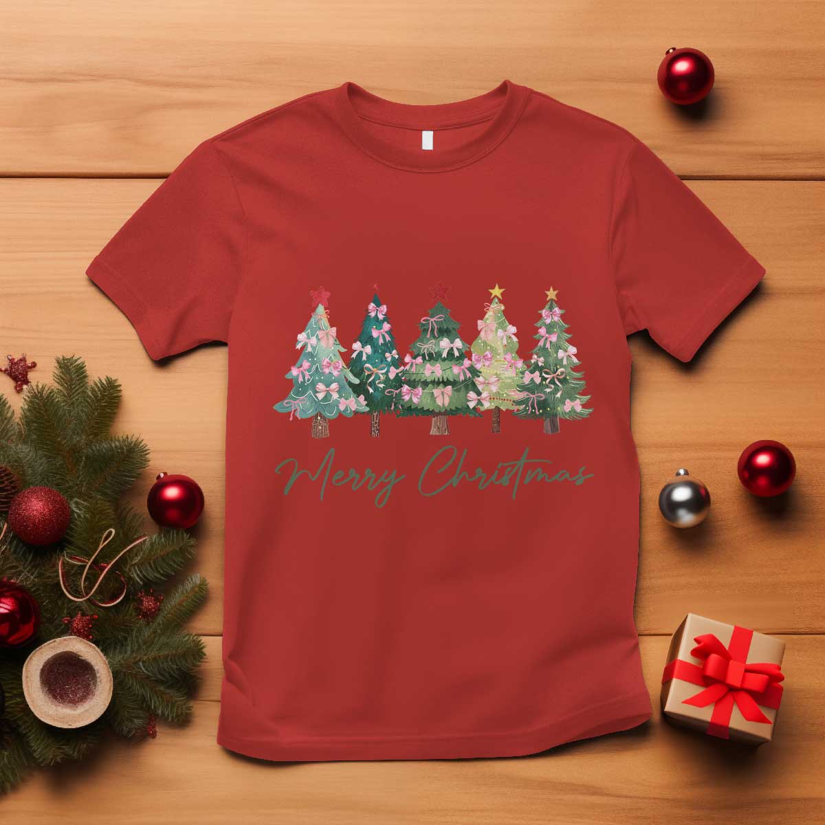 Merry Christmas Coquette Xmas Tree T Shirt Cute Pink Bow - Wonder Print Shop