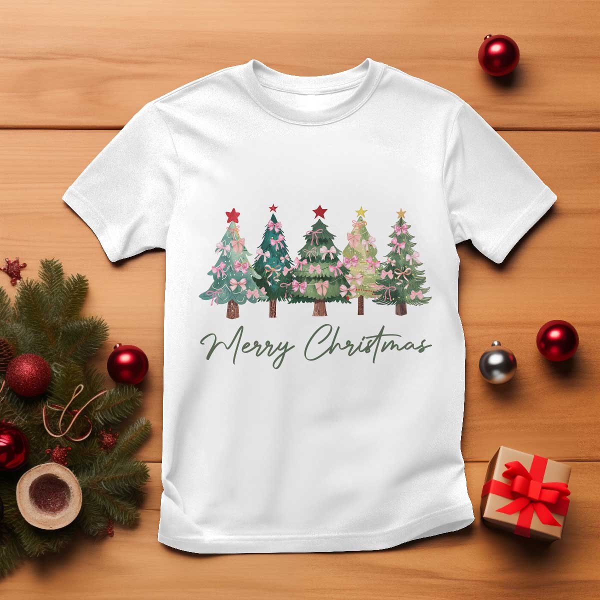 Merry Christmas Coquette Xmas Tree T Shirt Cute Pink Bow - Wonder Print Shop