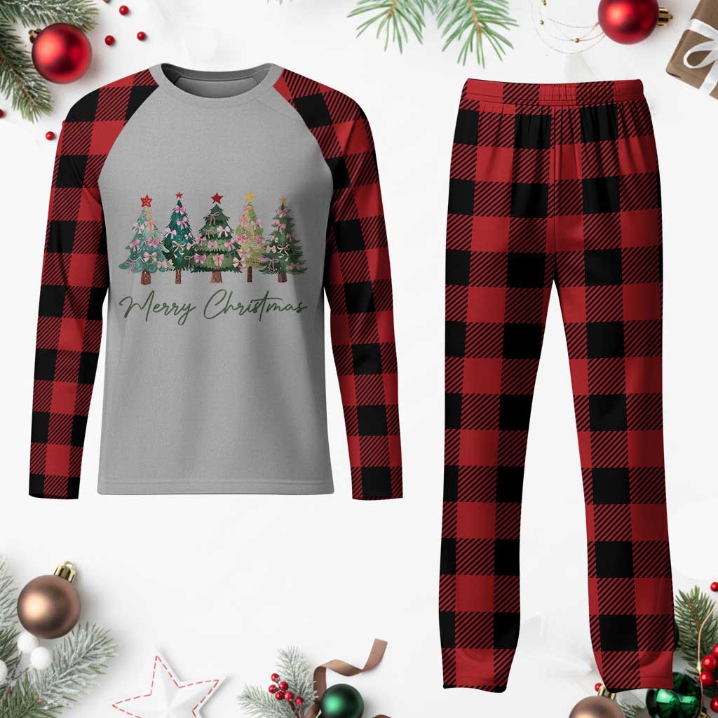 Merry Christmas Coquette Xmas Tree Plaid Pajama Set Cute Pink Bow TS11