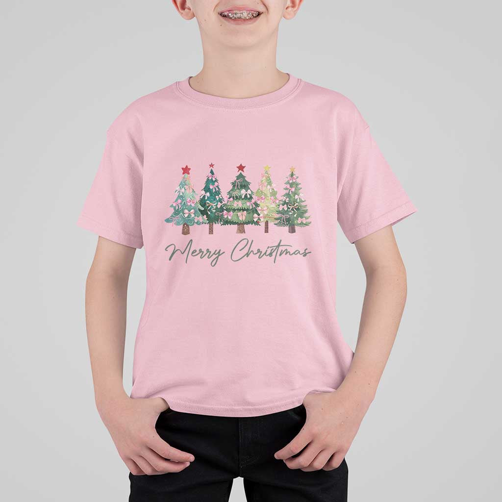 Merry Christmas Coquette Xmas Tree T Shirt For Kid Cute Pink Bow - Wonder Print Shop