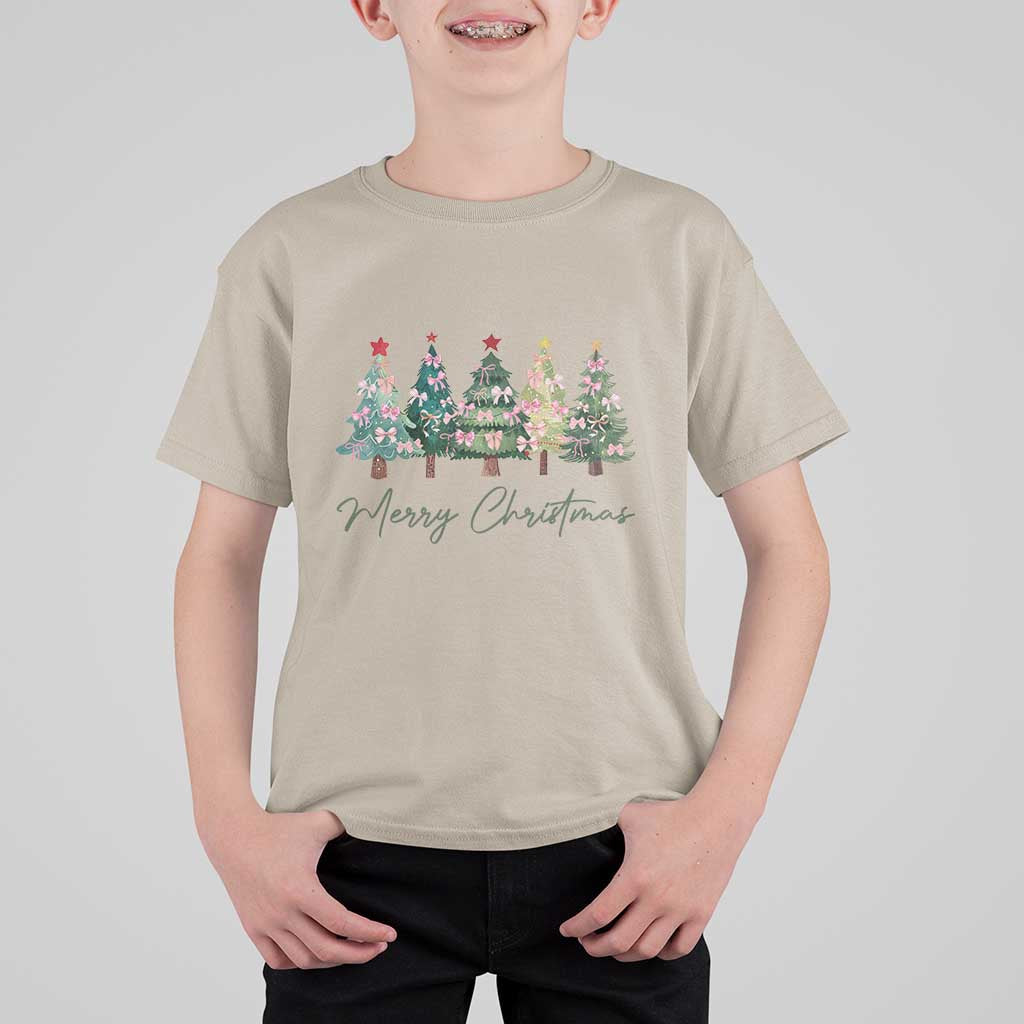 Merry Christmas Coquette Xmas Tree T Shirt For Kid Cute Pink Bow - Wonder Print Shop