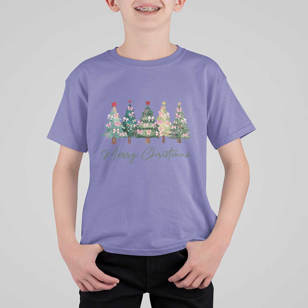 Merry Christmas Coquette Xmas Tree T Shirt For Kid Cute Pink Bow - Wonder Print Shop