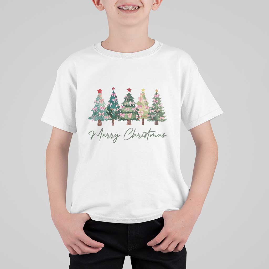 Merry Christmas Coquette Xmas Tree T Shirt For Kid Cute Pink Bow - Wonder Print Shop