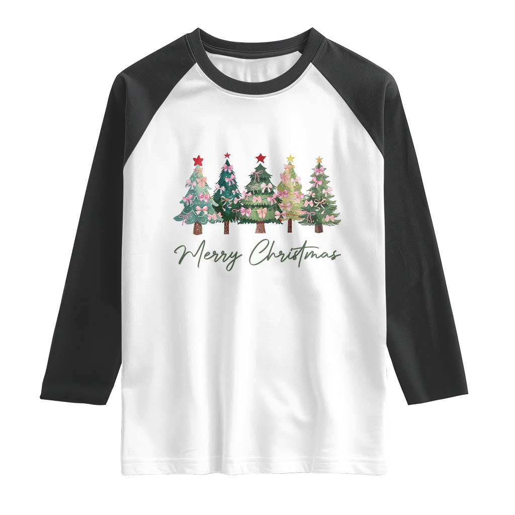 Merry Christmas Coquette Xmas Tree Raglan Shirt Cute Pink Bow - Wonder Print Shop