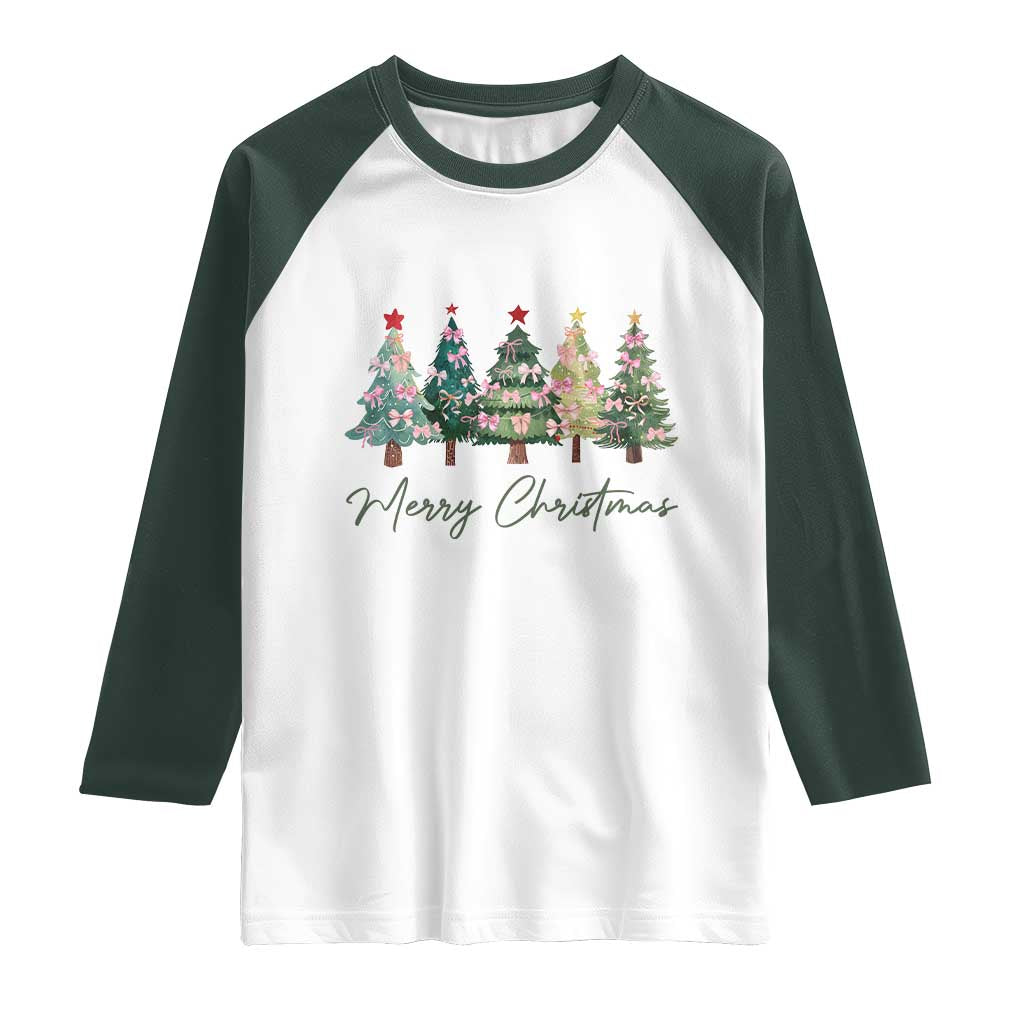 Merry Christmas Coquette Xmas Tree Raglan Shirt Cute Pink Bow - Wonder Print Shop