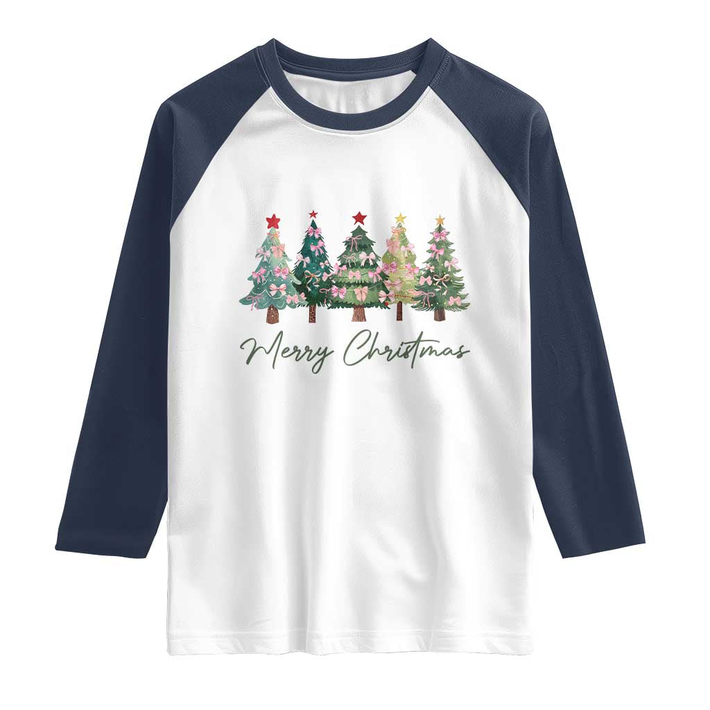 Merry Christmas Coquette Xmas Tree Raglan Shirt Cute Pink Bow - Wonder Print Shop