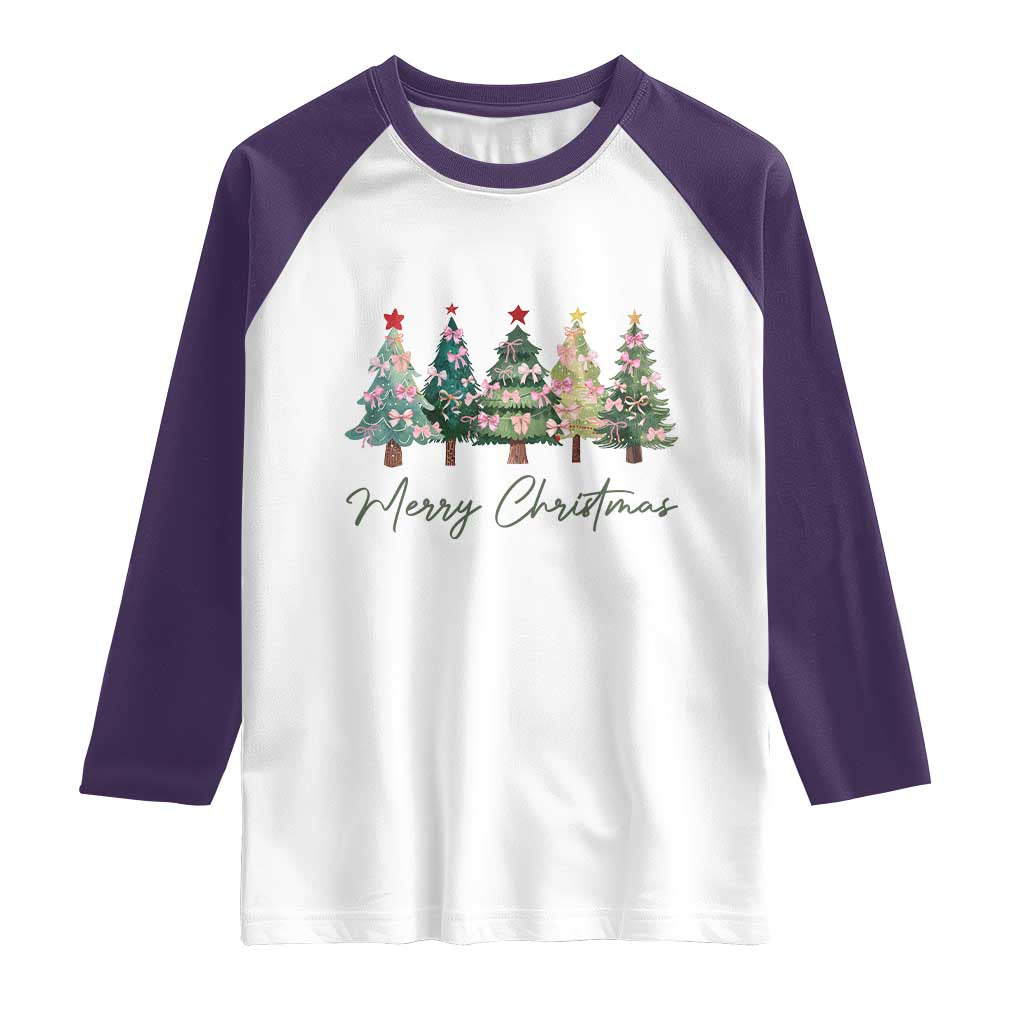 Merry Christmas Coquette Xmas Tree Raglan Shirt Cute Pink Bow - Wonder Print Shop