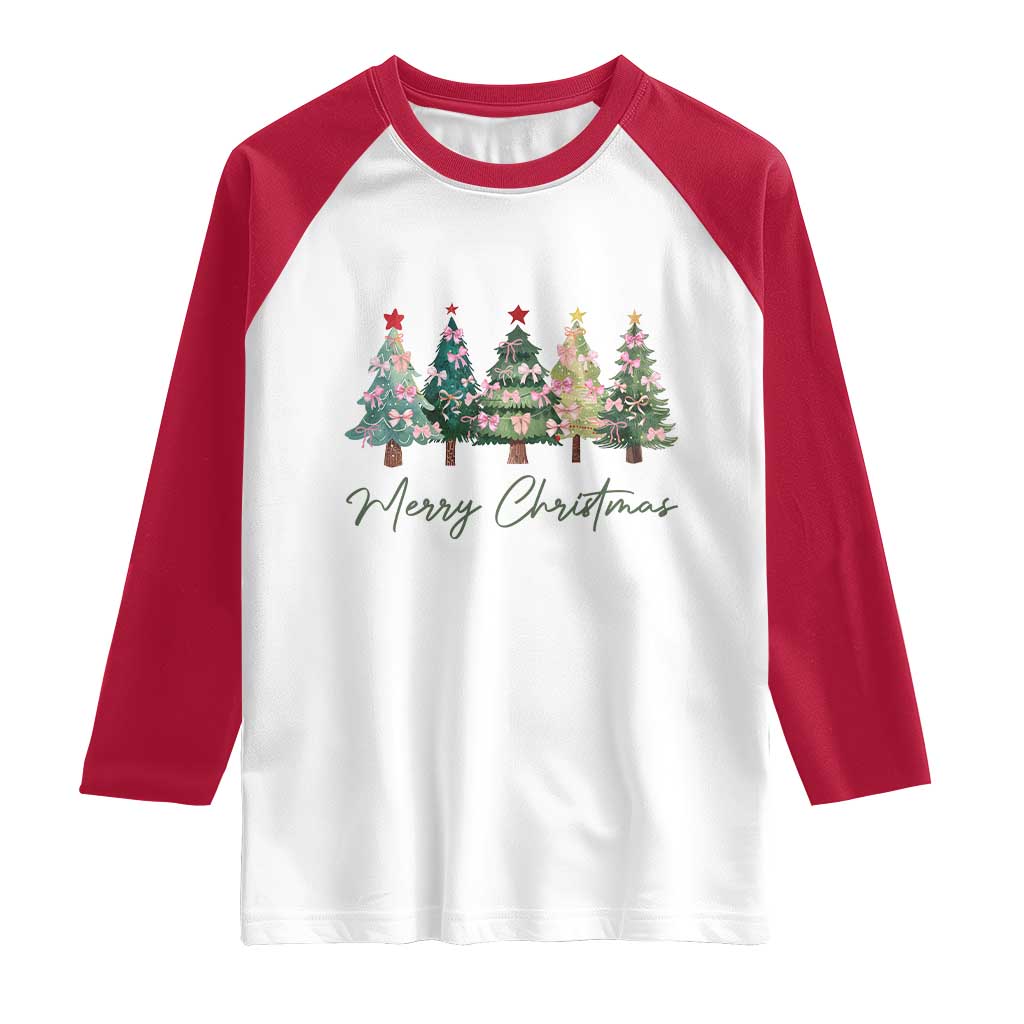 Merry Christmas Coquette Xmas Tree Raglan Shirt Cute Pink Bow - Wonder Print Shop