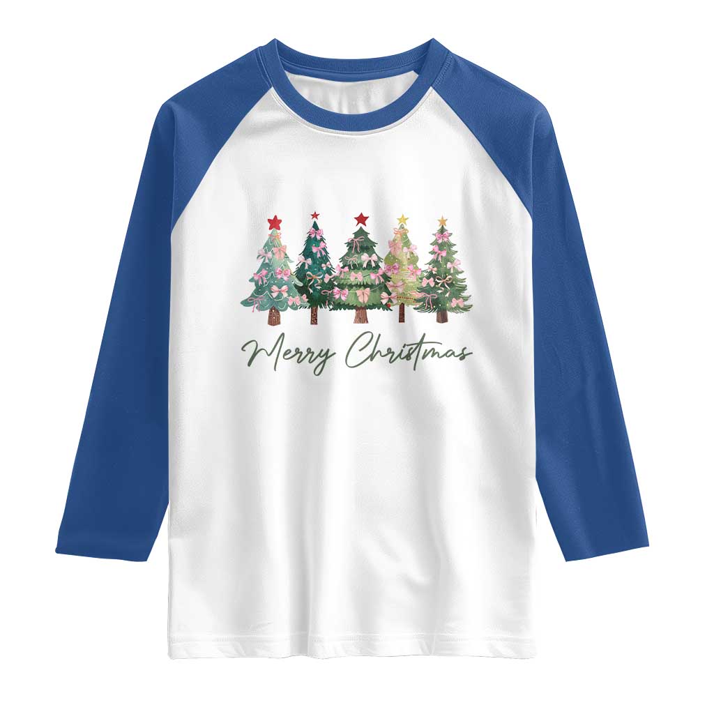Merry Christmas Coquette Xmas Tree Raglan Shirt Cute Pink Bow - Wonder Print Shop