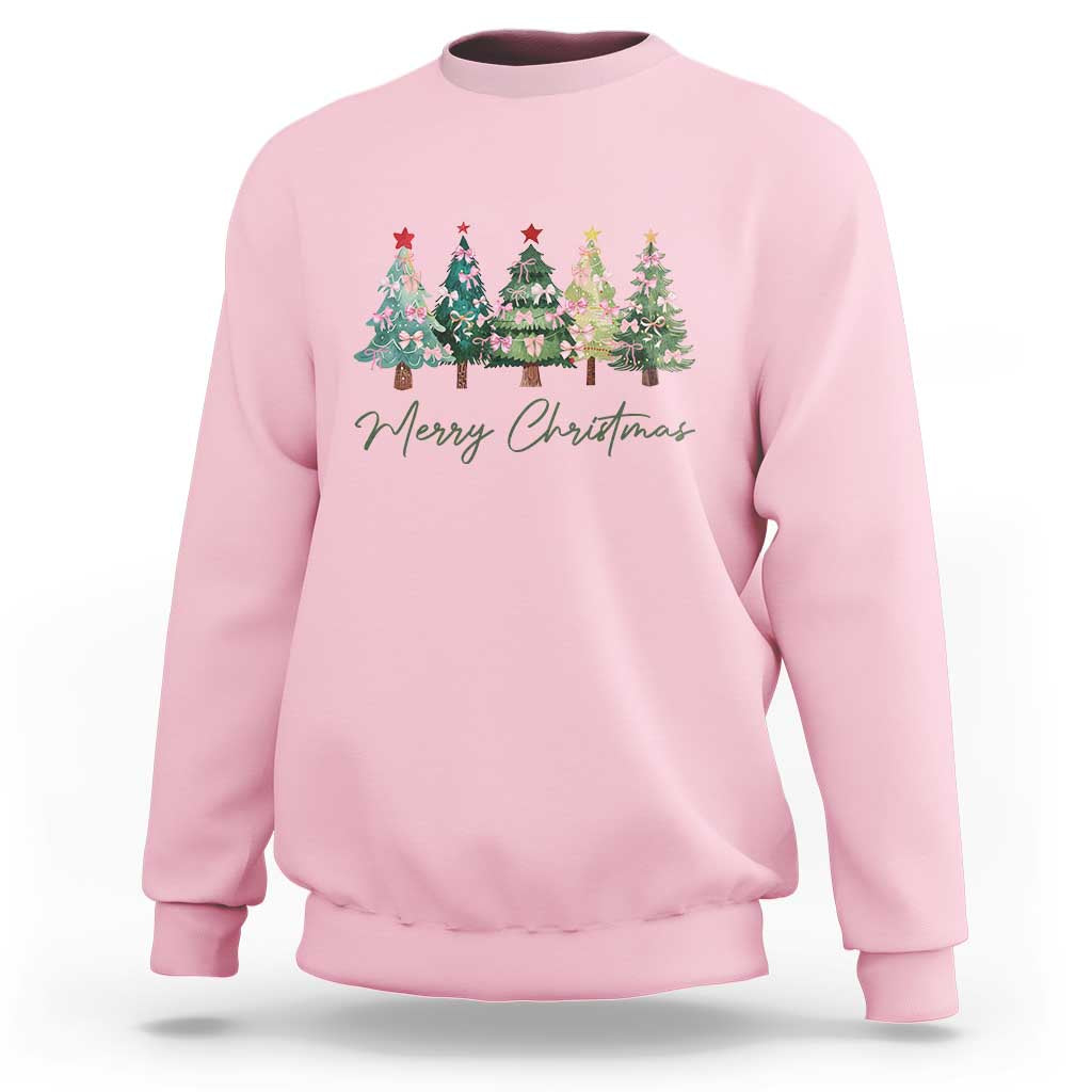 Merry Christmas Coquette Xmas Tree Sweatshirt Cute Pink Bow - Wonder Print Shop