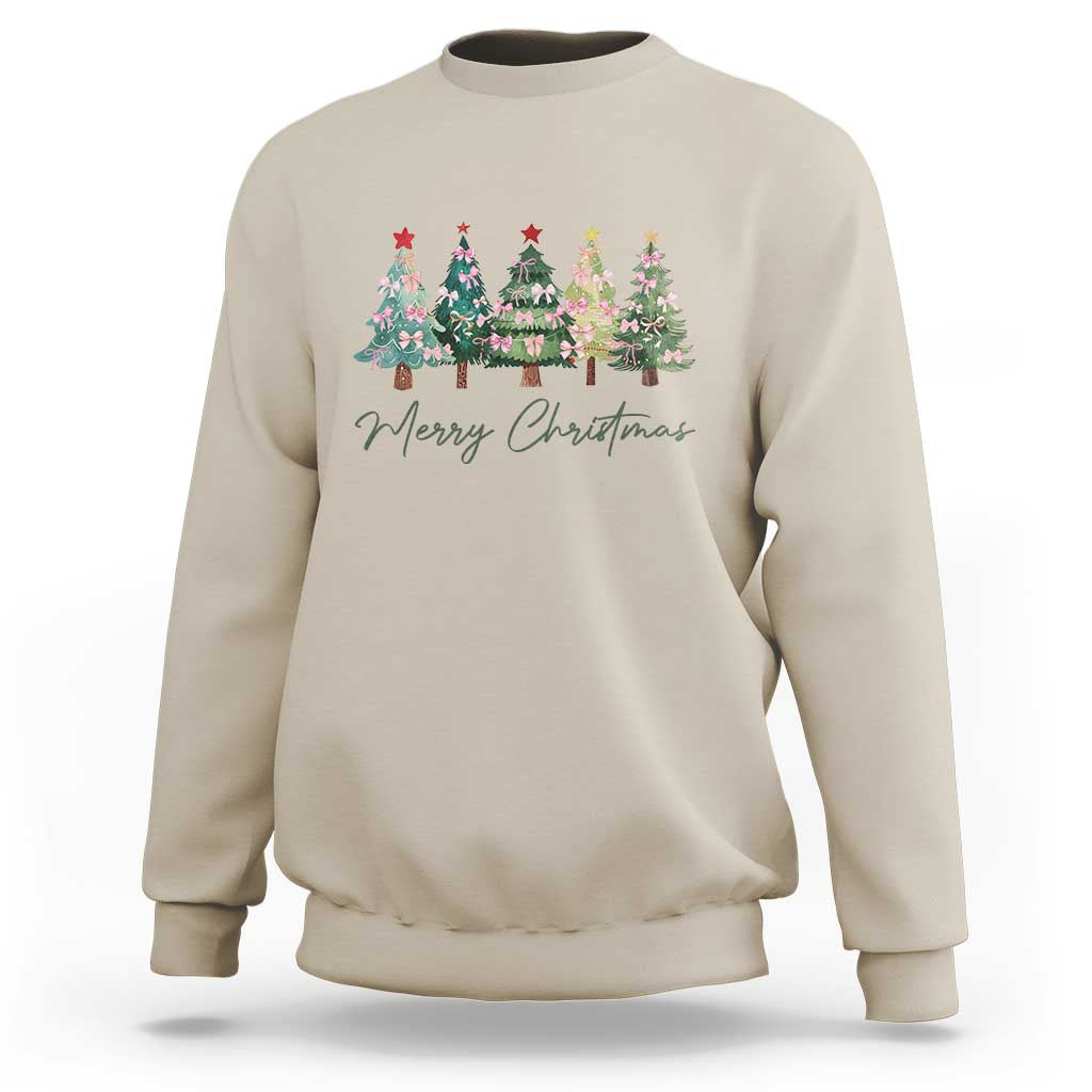Merry Christmas Coquette Xmas Tree Sweatshirt Cute Pink Bow - Wonder Print Shop