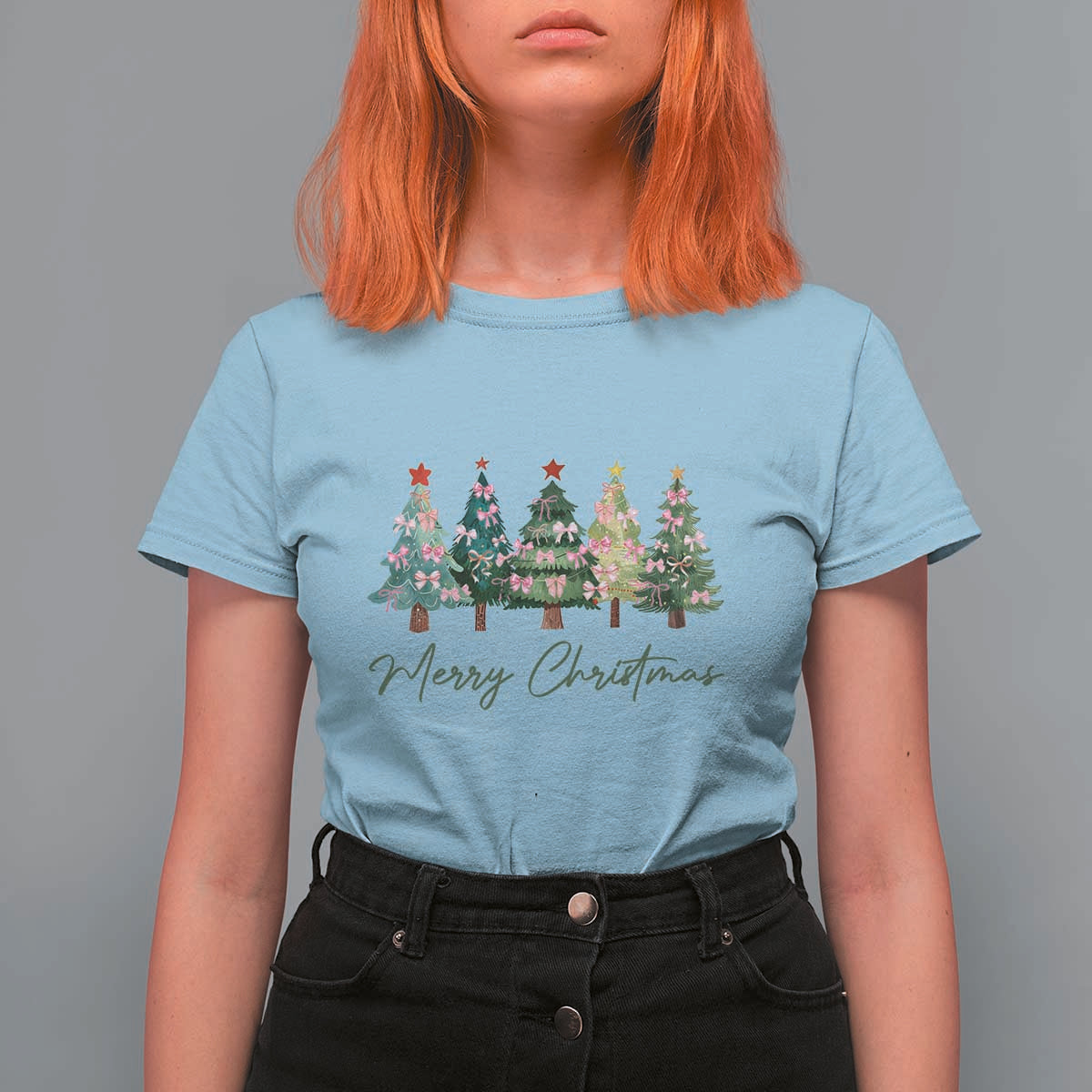 Merry Christmas Coquette Xmas Tree T Shirt For Women Cute Pink Bow - Wonder Print Shop