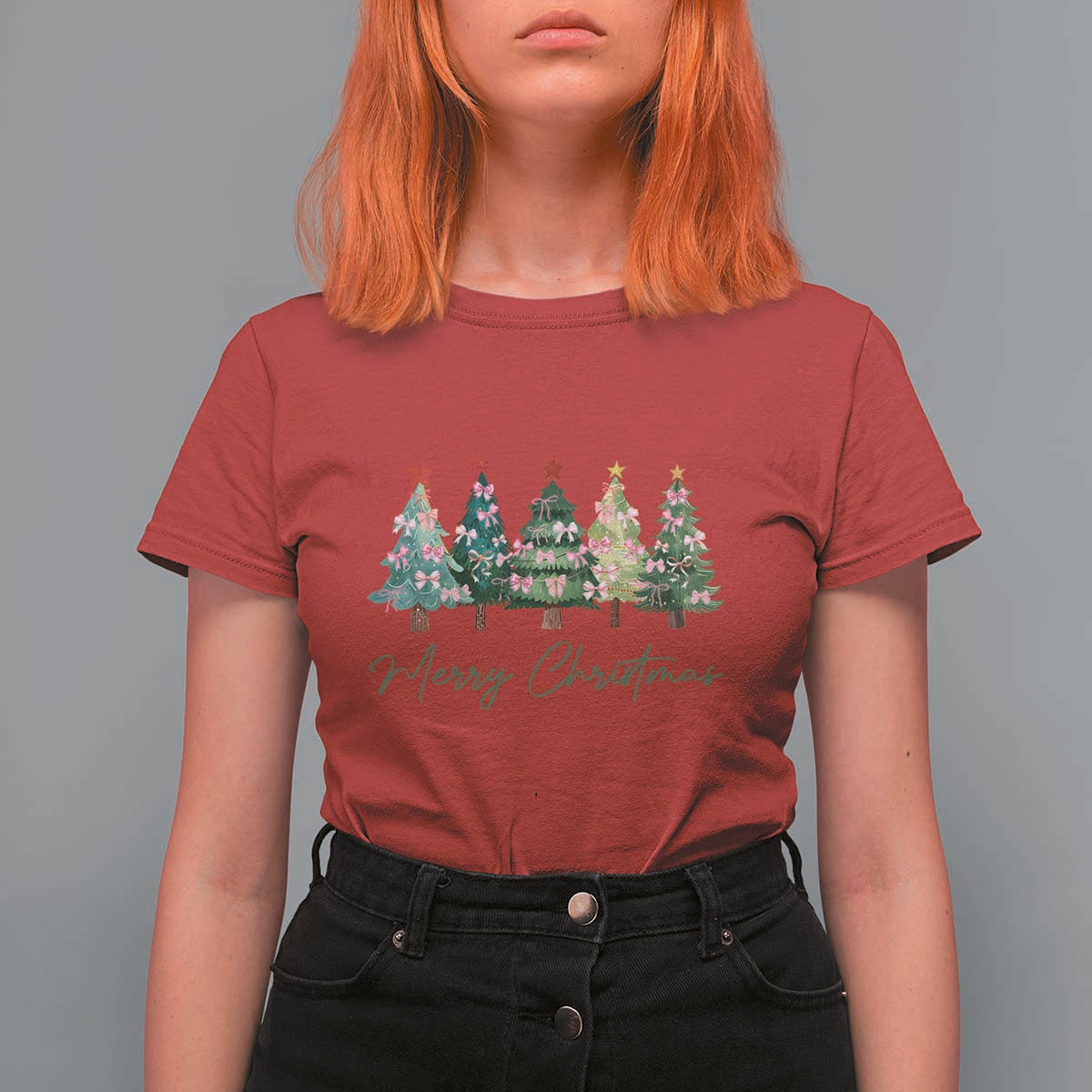 Merry Christmas Coquette Xmas Tree T Shirt For Women Cute Pink Bow - Wonder Print Shop
