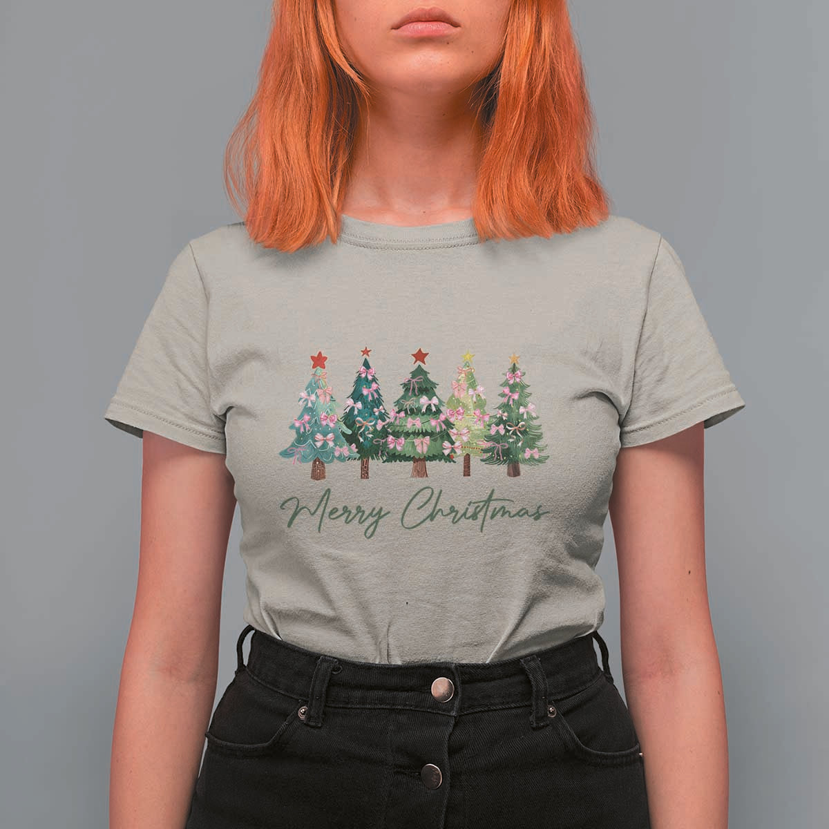 Merry Christmas Coquette Xmas Tree T Shirt For Women Cute Pink Bow - Wonder Print Shop