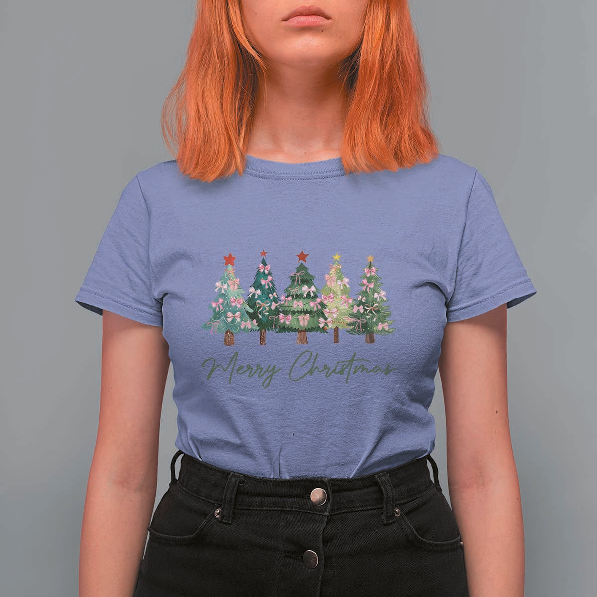 Merry Christmas Coquette Xmas Tree T Shirt For Women Cute Pink Bow - Wonder Print Shop
