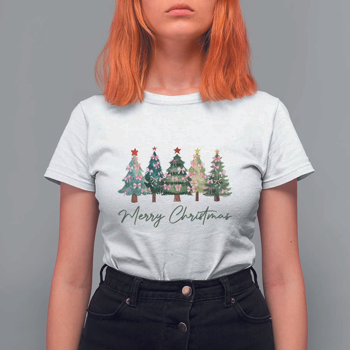 Merry Christmas Coquette Xmas Tree T Shirt For Women Cute Pink Bow - Wonder Print Shop