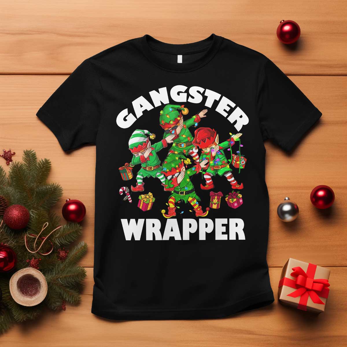 Funny Gangster Wrapper T Shirt Christmas Gangsta Elf Crew Presents - Wonder Print Shop