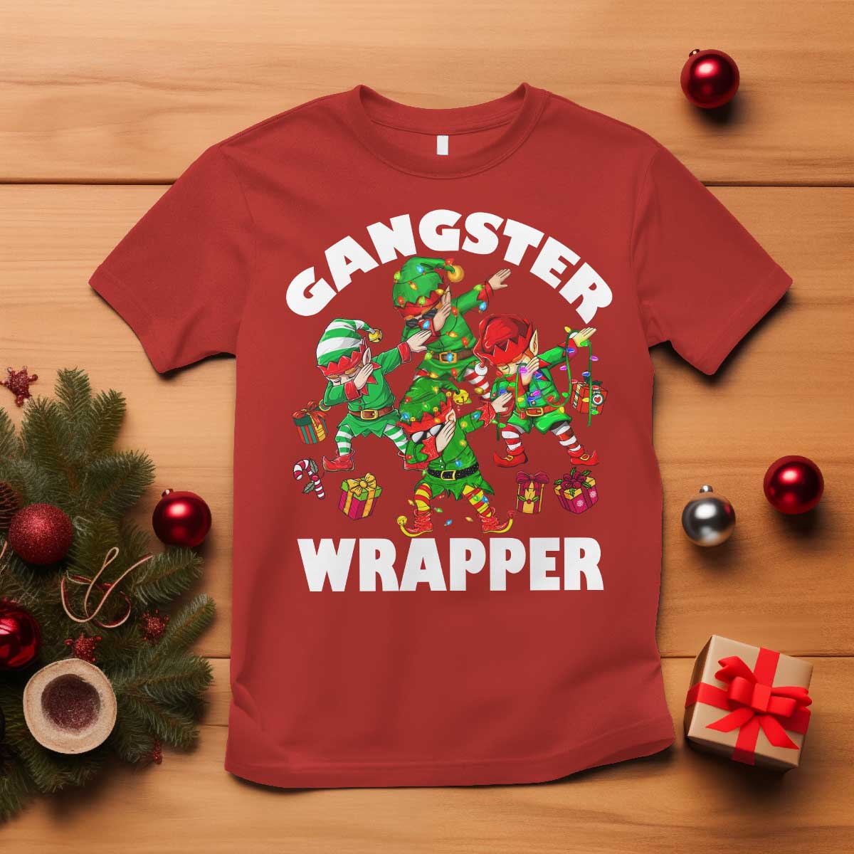 Funny Gangster Wrapper T Shirt Christmas Gangsta Elf Crew Presents - Wonder Print Shop