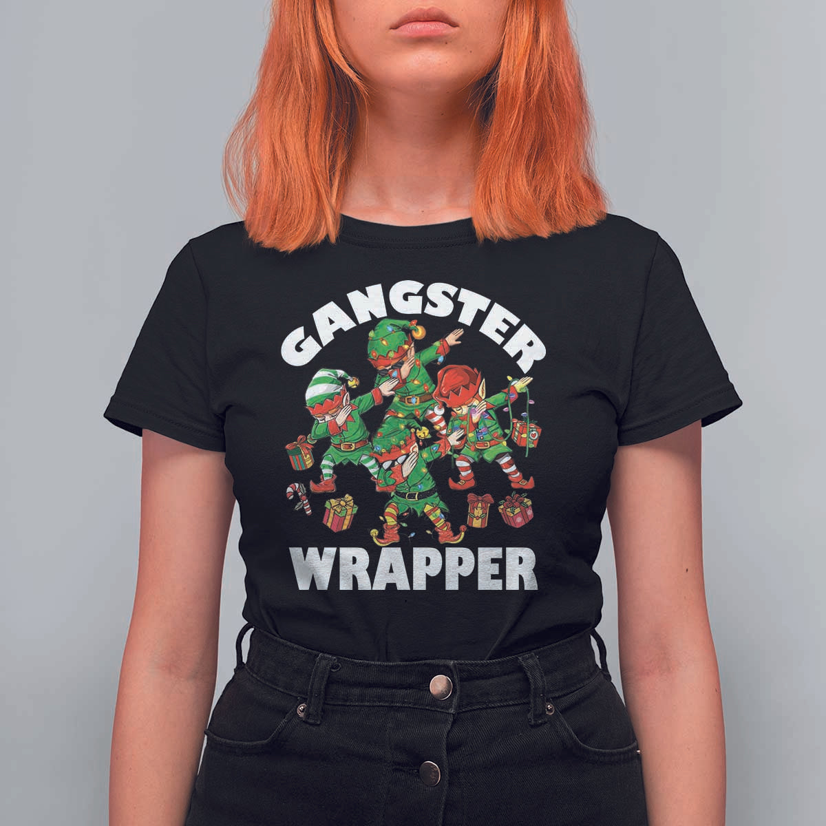 Funny Gangster Wrapper T Shirt For Women Christmas Gangsta Elf Crew Presents - Wonder Print Shop
