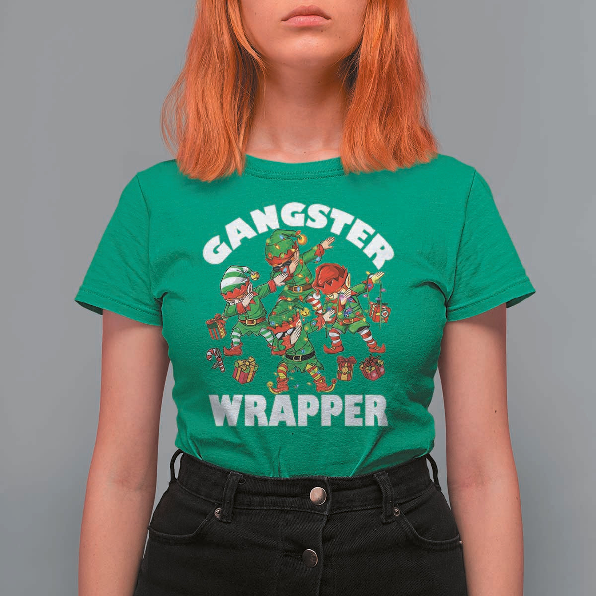 Funny Gangster Wrapper T Shirt For Women Christmas Gangsta Elf Crew Presents - Wonder Print Shop