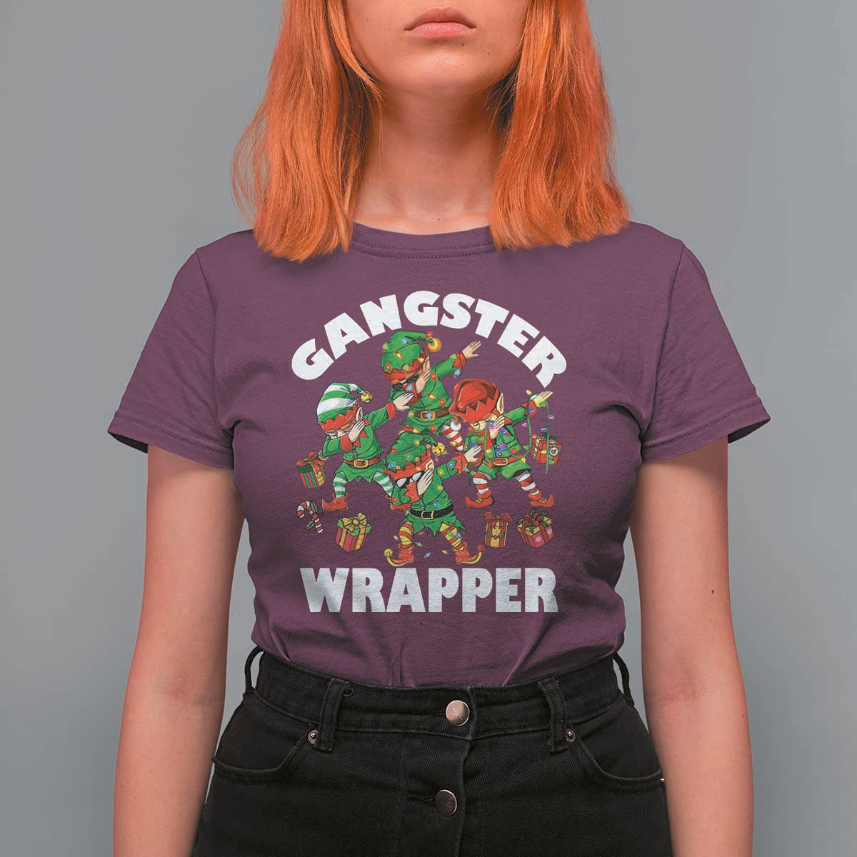 Funny Gangster Wrapper T Shirt For Women Christmas Gangsta Elf Crew Presents - Wonder Print Shop