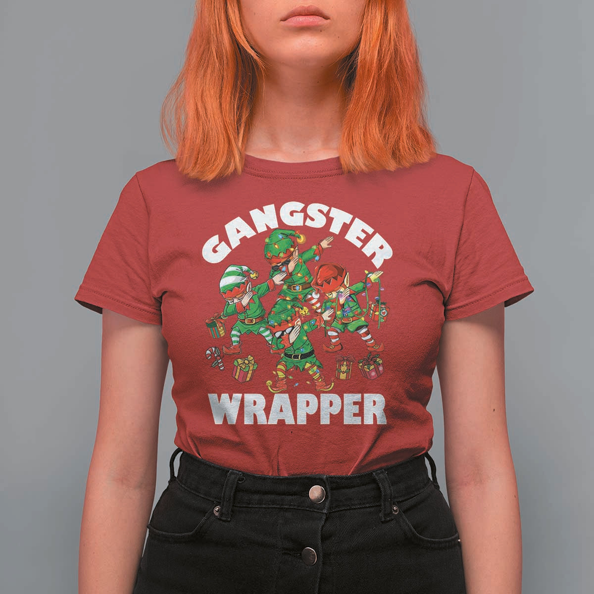 Funny Gangster Wrapper T Shirt For Women Christmas Gangsta Elf Crew Presents - Wonder Print Shop