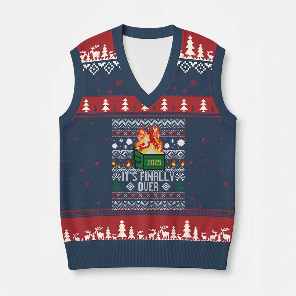 Funny Christmas Lil Dumpster Fire V-Neck Knit Sweater Vest It Is Finally Over 2025 - Wonder Print Shop
