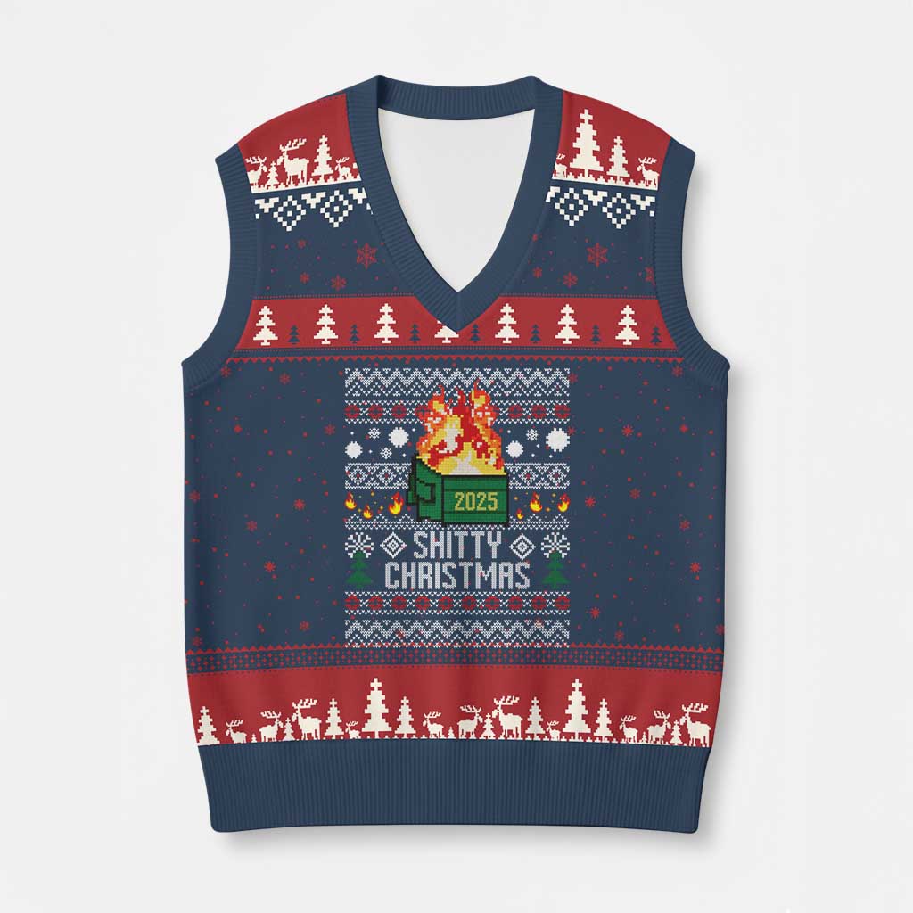 Funny Xmas Lil Dumpster Fire V-Neck Knit Sweater Vest Shitty Christmas Festive Holiday - Wonder Print Shop