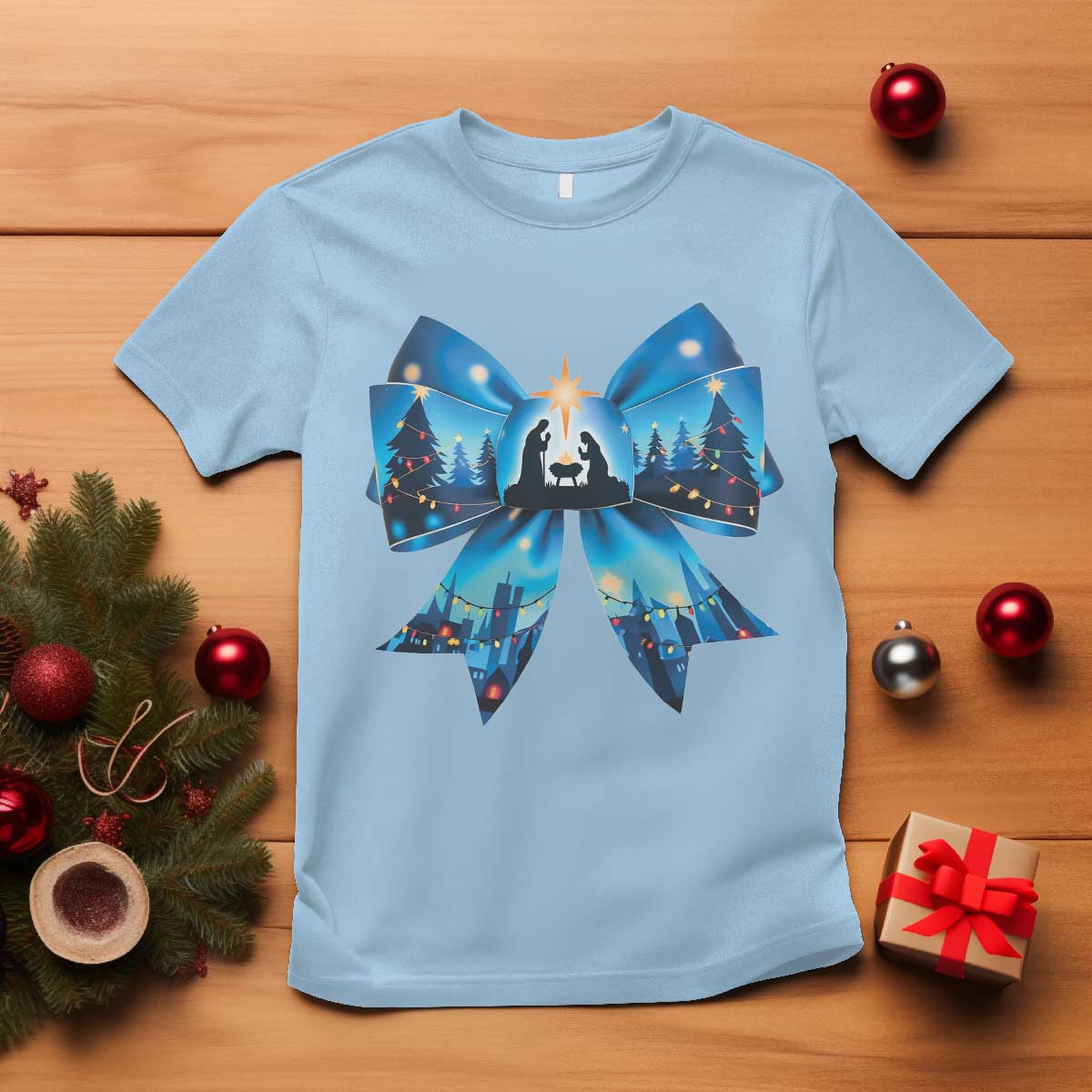 Jesus God Nativity Scene Coquette Bow Christmas T Shirt - Wonder Print Shop