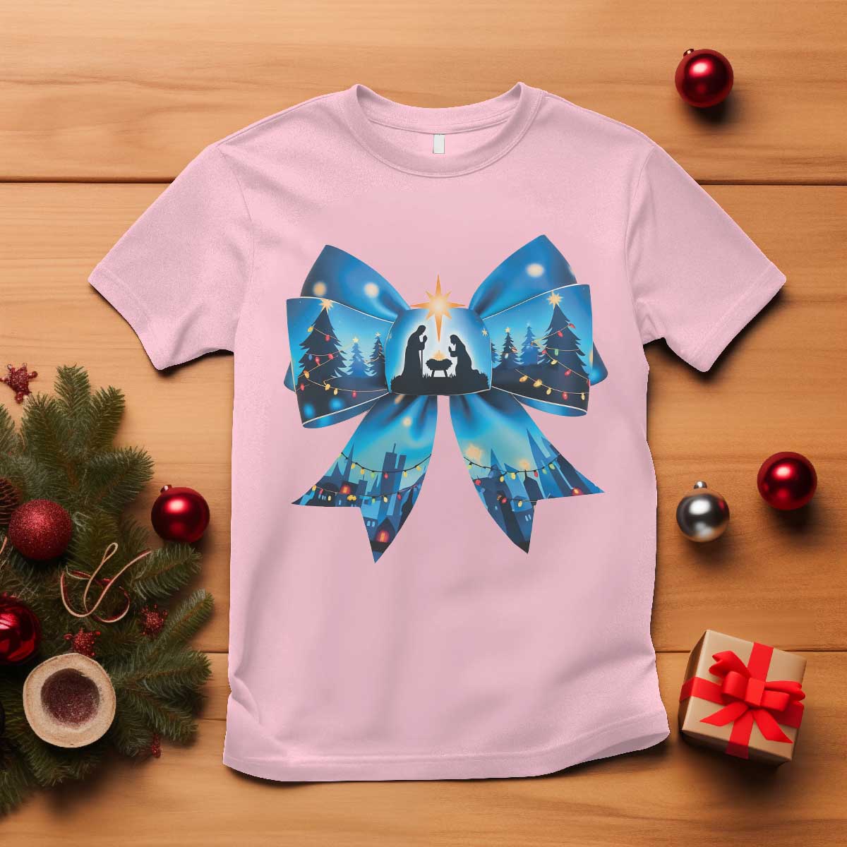 Jesus God Nativity Scene Coquette Bow Christmas T Shirt - Wonder Print Shop