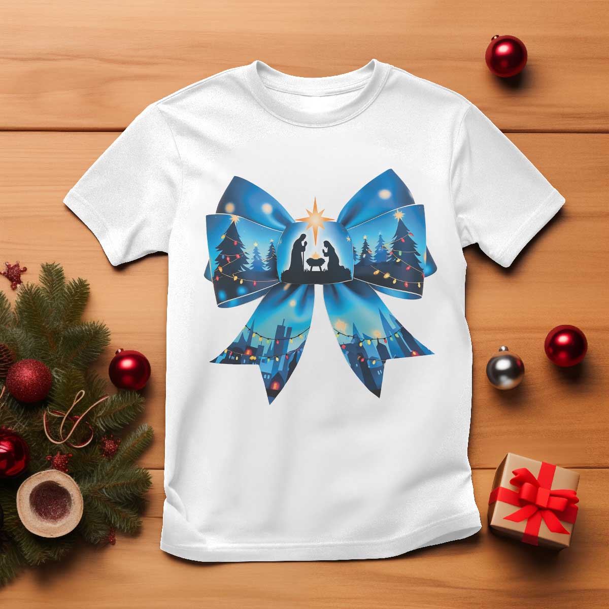 Jesus God Nativity Scene Coquette Bow Christmas T Shirt - Wonder Print Shop