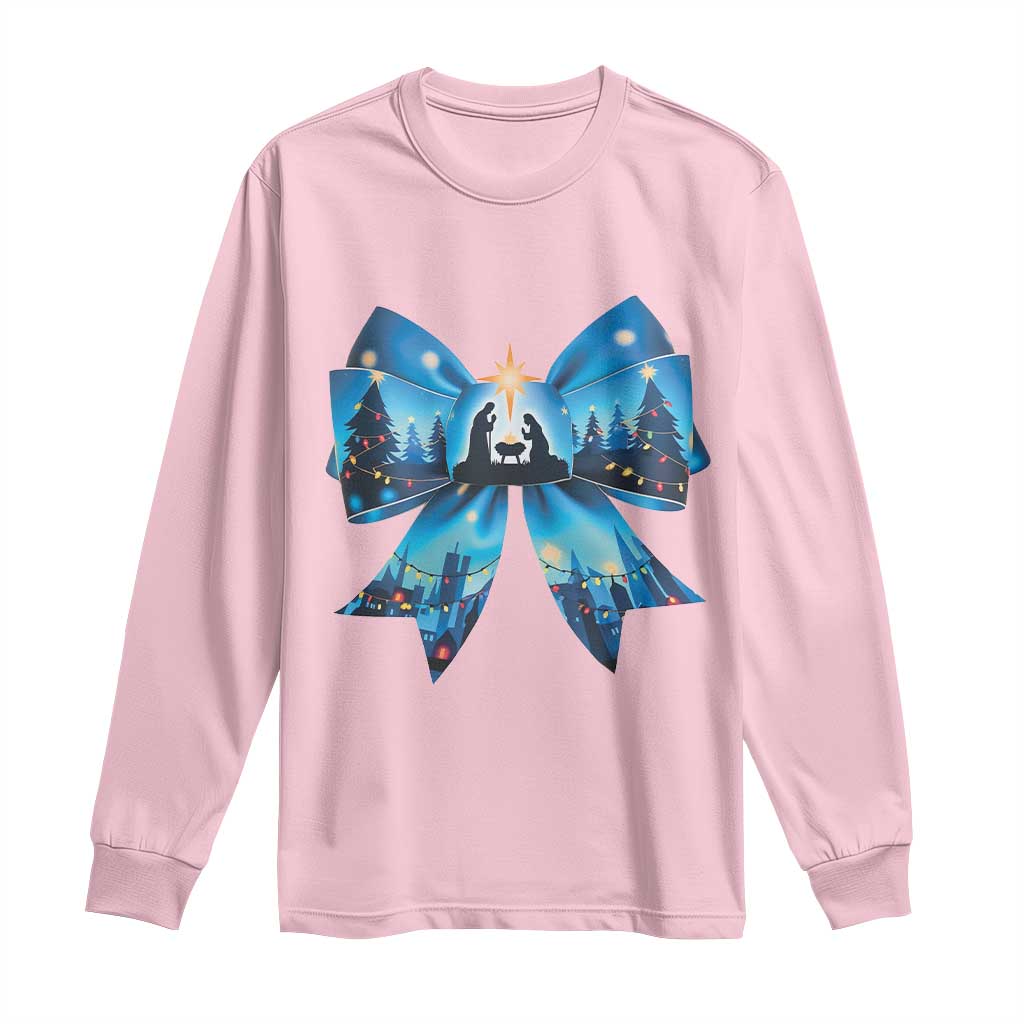 Jesus God Nativity Scene Coquette Bow Christmas Long Sleeve Shirt