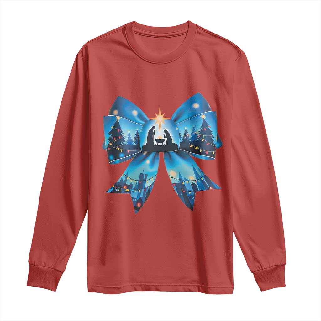 Jesus God Nativity Scene Coquette Bow Christmas Long Sleeve Shirt
