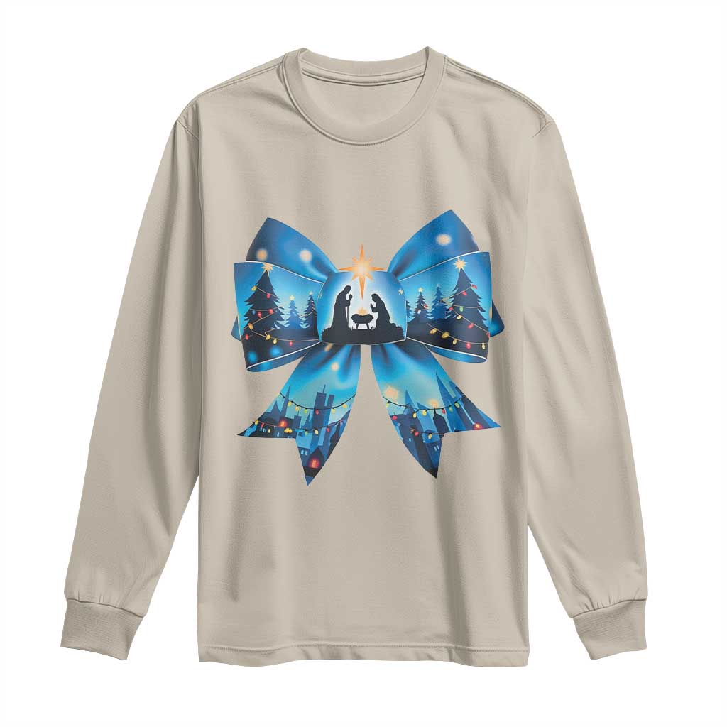 Jesus God Nativity Scene Coquette Bow Christmas Long Sleeve Shirt
