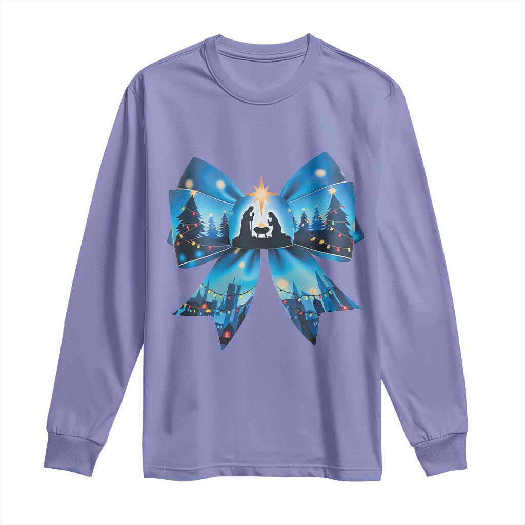 Jesus God Nativity Scene Coquette Bow Christmas Long Sleeve Shirt