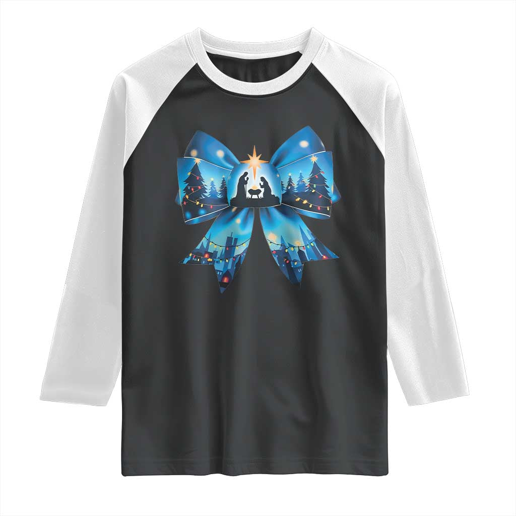 Jesus God Nativity Scene Coquette Bow Christmas Raglan Shirt - Wonder Print Shop