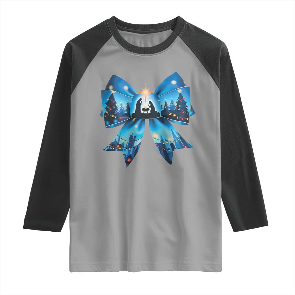 Jesus God Nativity Scene Coquette Bow Christmas Raglan Shirt - Wonder Print Shop