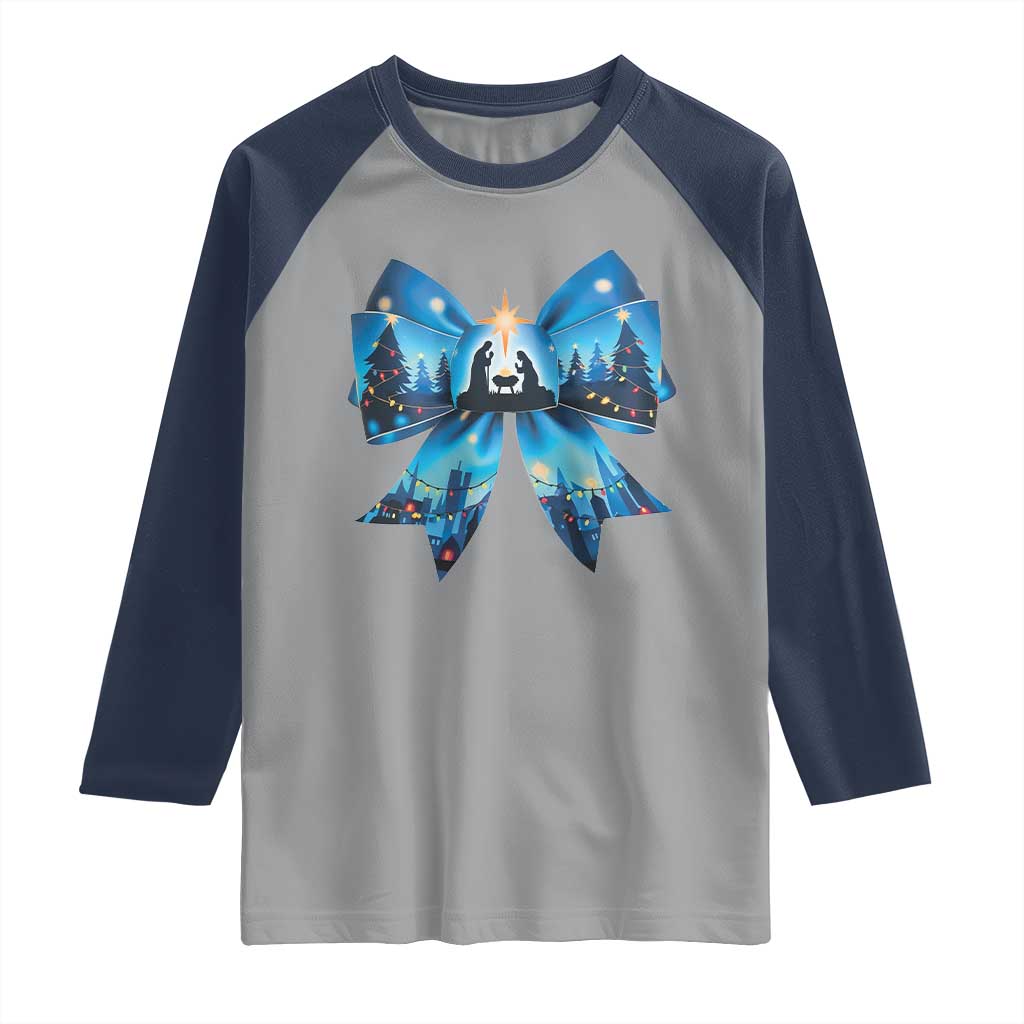 Jesus God Nativity Scene Coquette Bow Christmas Raglan Shirt - Wonder Print Shop