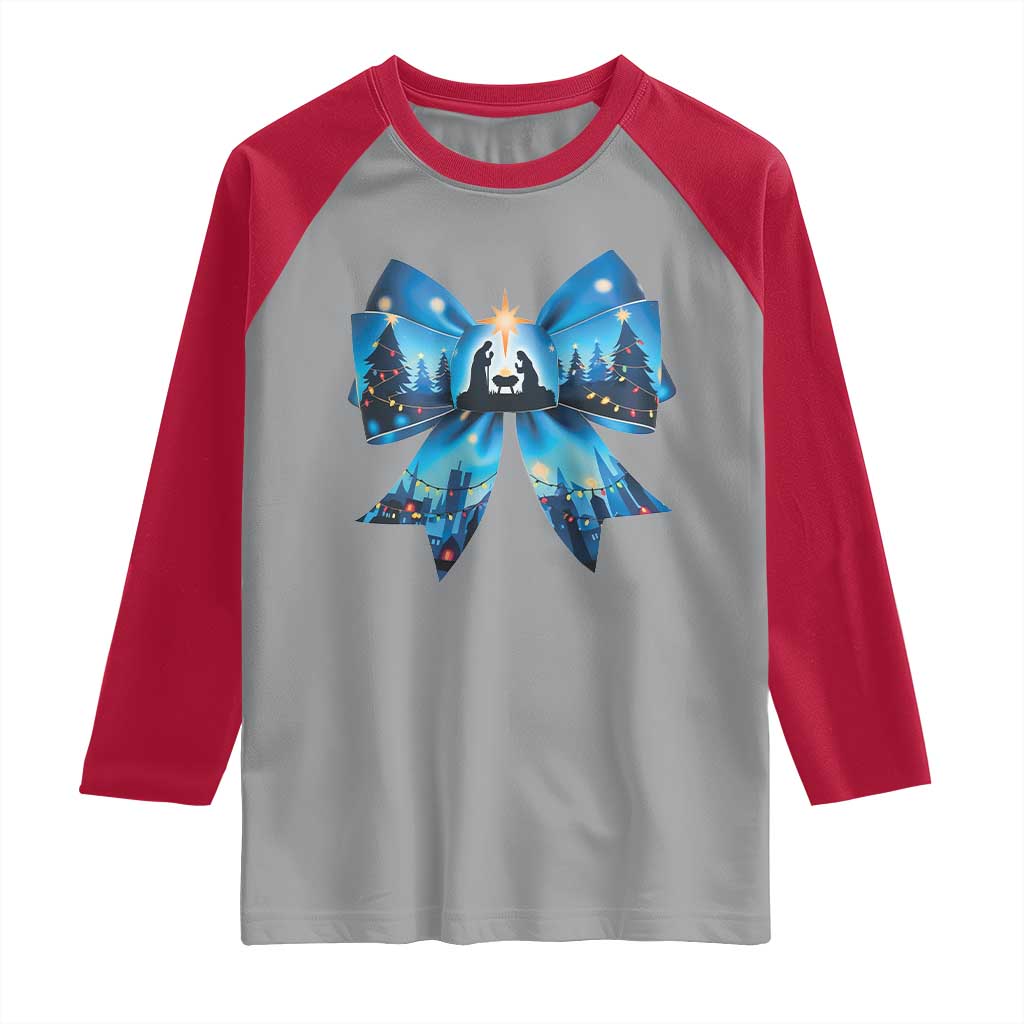Jesus God Nativity Scene Coquette Bow Christmas Raglan Shirt - Wonder Print Shop
