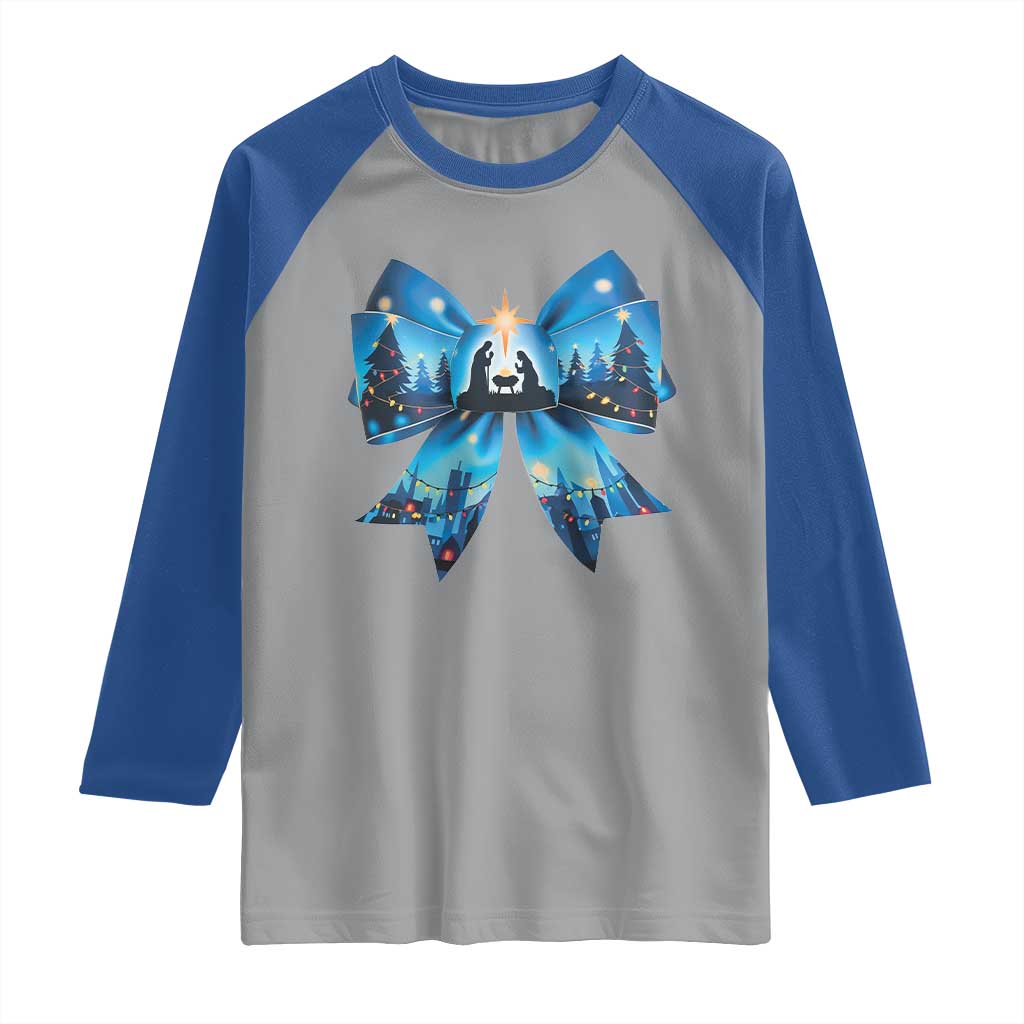 Jesus God Nativity Scene Coquette Bow Christmas Raglan Shirt - Wonder Print Shop