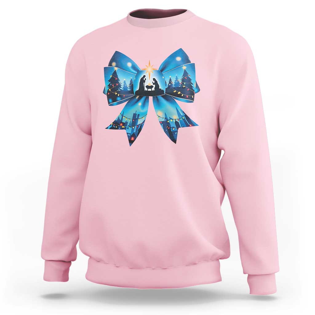 Jesus God Nativity Scene Coquette Bow Christmas Sweatshirt - Wonder Print Shop